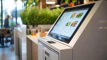 Self service ordering kiosk showing menu in modern restaurant photo