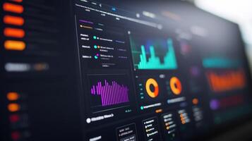 Modern computer screen showing colorful charts, graphs, and data visualization photo