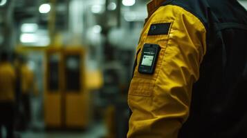 Engineer wearing personal safety device monitoring air quality in factory photo