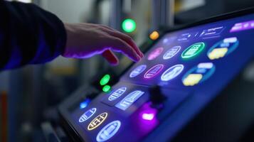 Engineer operating futuristic touchscreen control panel in factory photo