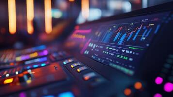 Professional audio mixing console showing real time charts and data visualization photo