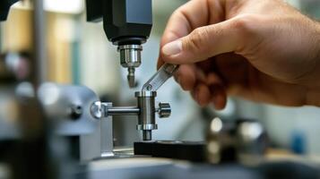 Engineer using precision measuring tool for calibration and quality control photo