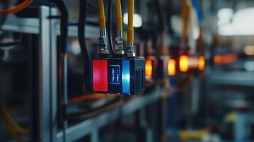 Automated production line with sensors monitoring manufacturing process photo