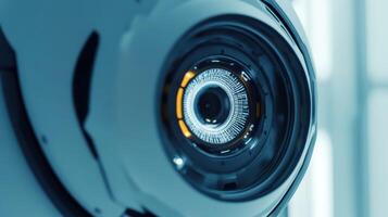 Futuristic robot eye capturing data in manufacturing process photo