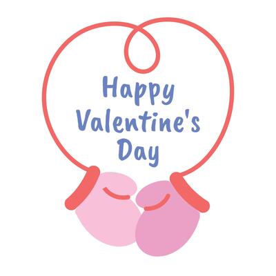 Pair of Mittens with Heart-shaped Rope happy Valentine day. Gloves. Greeting Card with holiday text. Love, winter romance. Clothing elements on elastic bands. Flat style. Color illustration