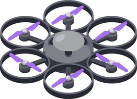Modern hexacopter drone with six purple propellers spinning, hovering in the air, providing aerial photography and videography capabilities for various applications vector