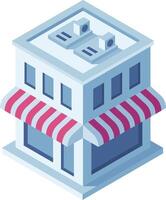 Small business building with striped awnings and rooftop air conditioning units is depicted in isometric projection, symbolizing entrepreneurship and commerce vector