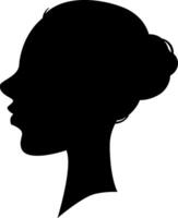 Side view silhouette of a young woman with tied hair, gazing to the left. The black shape contrasts against a white background, creating a simple yet elegant portrait vector