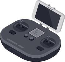 Remote control for drone featuring a smartphone, two antennas, buttons and a screen, representing modern technology and innovation in aerial photography and videography vector