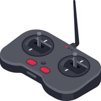 Radio remote control featuring two joysticks and red buttons, equipped with an antenna for piloting drones or RC vehicles, presented in an isometric view vector