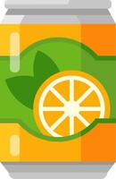 Aluminum can with orange juice is depicted, featuring an orange slice and leaf on the label, representing a refreshing and healthy beverage option vector