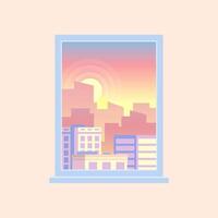 Warmly colored sunrise illuminating a generic cityscape view from a window, featuring a minimalist and pastel hued illustration that captures the essence of a new day vector