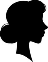 Black silhouette profile of an elegant woman with a retro hairstyle, gazing to the right, set against a white background, creating a striking minimalist design vector