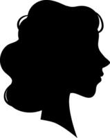 Capturing the essence of elegance, a black silhouette of a woman with flowing wavy hair gazes to the right. This minimalist portrait serves as a striking option for profile pictures and avatars vector