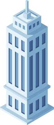 Isometric skyscraper rising with a prominent antenna against a clean white background, ideal for enhancing urban and architectural projects with a modern touch