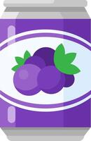 Aluminum can with purple grape juice and stylized bunch of grapes with green leaves, isolated on white background, ideal for healthy and refreshing themes vector
