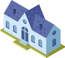 Isometric illustration representing a modern house with blue tiled roof. Arched windows and chimneys. Ideal for architectural projects. Real estate marketing. And urban planning visualizations vector