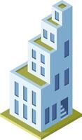 Modern isometric building featuring rooftop terraces, windows, and a staircase entrance, representing urban architecture and sustainable design vector