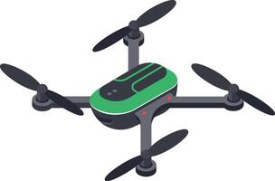 Modern quadcopter drone with green and black body hovering in the air with its four propellers spinning, representing aerial photography, surveillance, delivery, or recreational flying vector