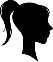 Black silhouette profile of a young woman with a ponytail hairstyle, looking to the right against a clean white background, creating an elegant and modern visual impact vector