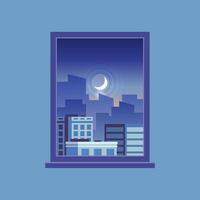 Cityscape at dusk, featuring a serene view from a window, with a crescent moon casting a gentle glow over modern buildings, creating a tranquil urban atmosphere vector
