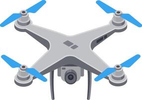 Modern white drone hovering gracefully in the air, featuring rotating blue propellers and equipped with a high resolution camera for capturing stunning aerial photography and videography vector