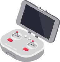Remote control for drone featuring a blank screen, joysticks, buttons, and antennas, poised for flight and ready to capture stunning aerial footage and vector