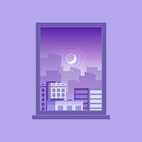 Minimalist illustration of a cityscape at night with a crescent moon rising, viewed through a window, creating a peaceful and dreamy atmosphere vector