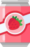 Aluminum can with a pink strawberry soda, showing a label with two ripe strawberries and green leaves, offering a refreshing and thirst quenching beverage vector