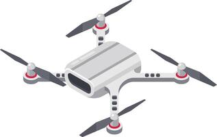White drone with rotating propellers and a camera flying, capturing photos and videos, representing modern technology and innovation in aerial photography and surveillance vector