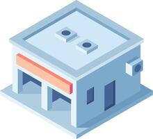 Minimalist isometric building with two garage doors, a blank sign for customization, air conditioning units on the roof and on a side wall, representing a store or a small factory vector