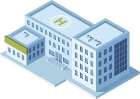 Isometric view of a modern hospital complex featuring a helipad, multiple medical departments, and administrative offices, illustrating comprehensive healthcare infrastructure vector
