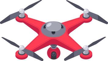 Red quadcopter drone with camera hovering, representing aerial photography, surveillance, delivery, innovation, and the future of unmanned flight vector