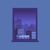 Cozy and tranquil night scene viewed from a window, showcasing a city skyline against a dark purple sky. Soft city lights twinkling, creating a serene urban atmosphere perfect for contemplation vector