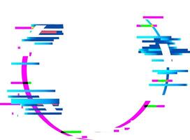 Digital glitch effect forming a circle with blue and magenta lines and colored pixels on white background, ideal for technology and futuristic concepts vector