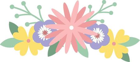 Pastel colored flowers and leaves are arranged in a bouquet, creating a cheerful and vibrant floral arrangement against a clean white background, ideal for spring or summer themes vector