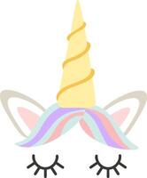 Adorable unicorn face featuring closed eyes, a pastel colored mane flowing gracefully, pointed ears perked up, and a spiraled horn, creating a sweet, dreamy design full of whimsy vector