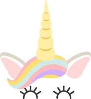Adorable unicorn face featuring a rainbow colored mane, a prominent golden horn, pink ears, and expressive eyes with long eyelashes, creating a whimsical and charming design vector