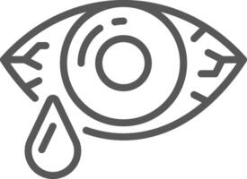 Simple gray line drawing depicting an eye with visible veins and pupil, shedding a tear, expressing feelings of sadness, pain, or allergic reaction vector