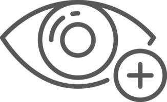 Simple gray line drawing of an eye with a plus sign, representing concepts such as good vision, eye health, and adding something related to vision or sight vector