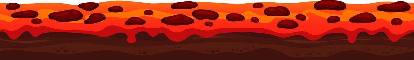 Seamless horizontal illustration depicting hot lava flowing over dark ground, surrounded by rocks, creating a striking and dynamic scene filled with fiery energy and vibrant colors vector