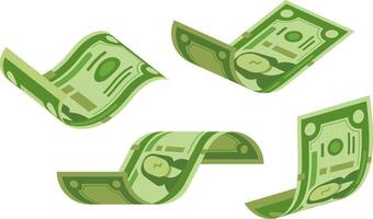 Four green dollar bills are floating and waving in different positions, representing concepts like wealth, investment, and financial success vector