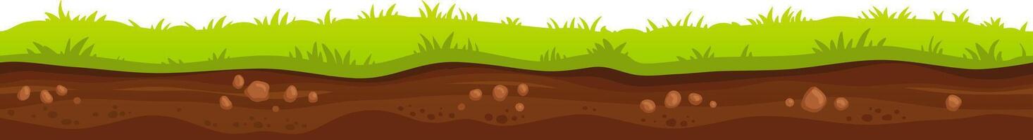 Seamless cartoon soil and grass with rocks, ground surface with stones, underground layers, earth texture, nature background, illustration vector