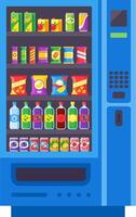 Vending machine featuring a colorful array of snacks and drinks, including soda, juice, water, chips, and chocolate bars, providing convenient options for quick refreshment and snacking vector