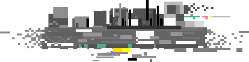 Pixelated cityscape dissolving into digital artifacts with colorful glitches, representing urban decay, technological disruption, or data corruption vector