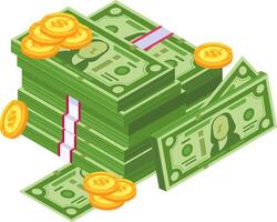 Large stack of bundled dollar bills with several gold coins illustrating concepts of wealth, investment, savings, profit, finance, and economy vector