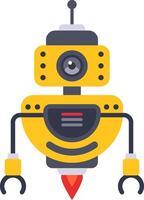 Yellow and gray friendly robot with a camera and claw arms, flying and hovering with rocket boosters, embodying the concept of artificial intelligence and futuristic technology vector