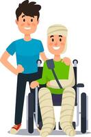 Caregiver is supporting an injured smiling patient who is sitting in a wheelchair with broken legs and plastered head, demonstrating care and assistance vector