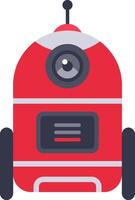 Modern red delivery robot moving on wheels and using artificial intelligence to transport goods, featuring a large eye, an antenna and a digital display showing information vector