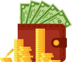 Stacks of gleaming gold coins and vibrant dollar banknotes overflowing from a rich brown leather wallet symbolize savings, investment opportunities, and the journey toward wealth accumulation vector
